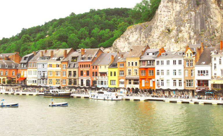 Panoramic view of Dinant, Belgium, with its unique riverside setting and striking architecture