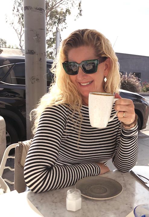 Carrie having a cup of coffee in L.A.