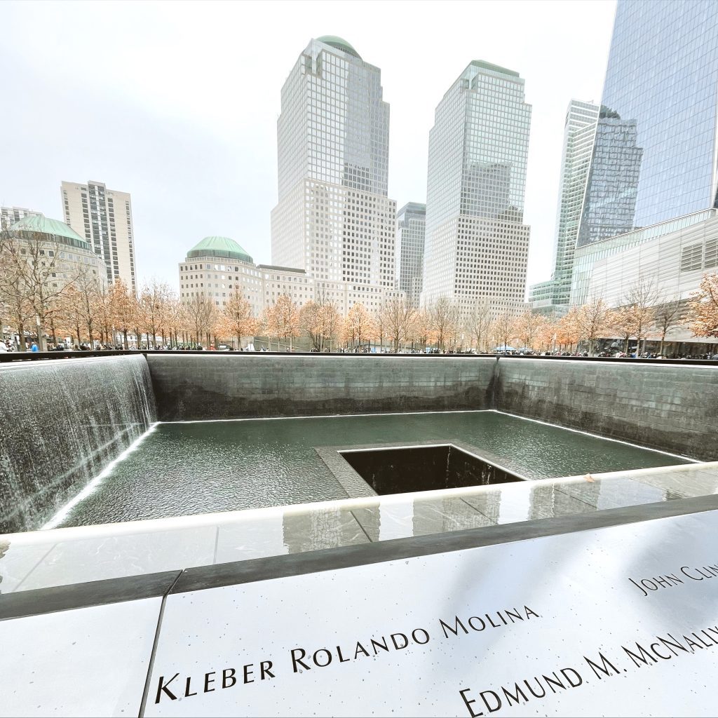 Reflective pools at the 9/11 Memorial Site at the World Trade Center in Tribeca, surrounded by carved names. is one of the things to soon a 3 days in NYC visit.