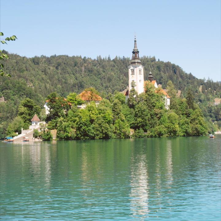 A view of the Lake Bled Island church in Lake Bled, Slovenia