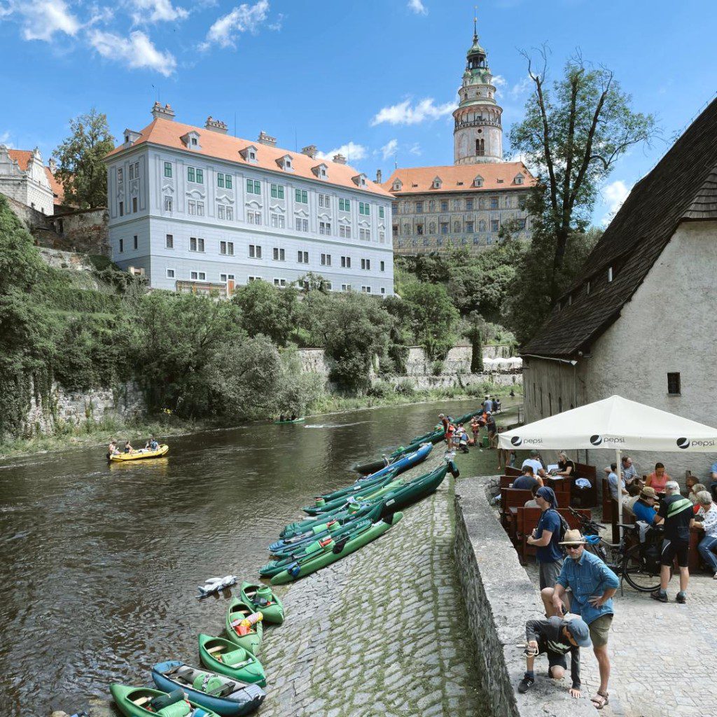 The river in Cesky Krumlov has river rafts for rent.