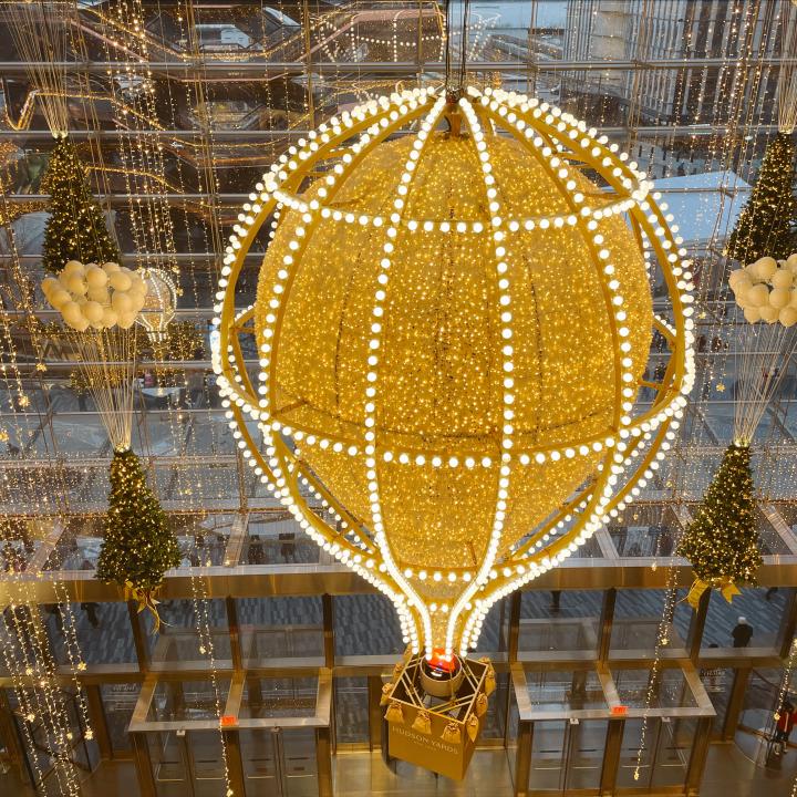 A holiday decoration of a giant hot air balloon Hudson Yards NYC