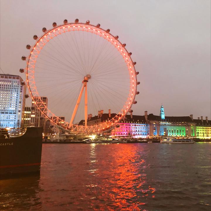 London Eye lit up at night.