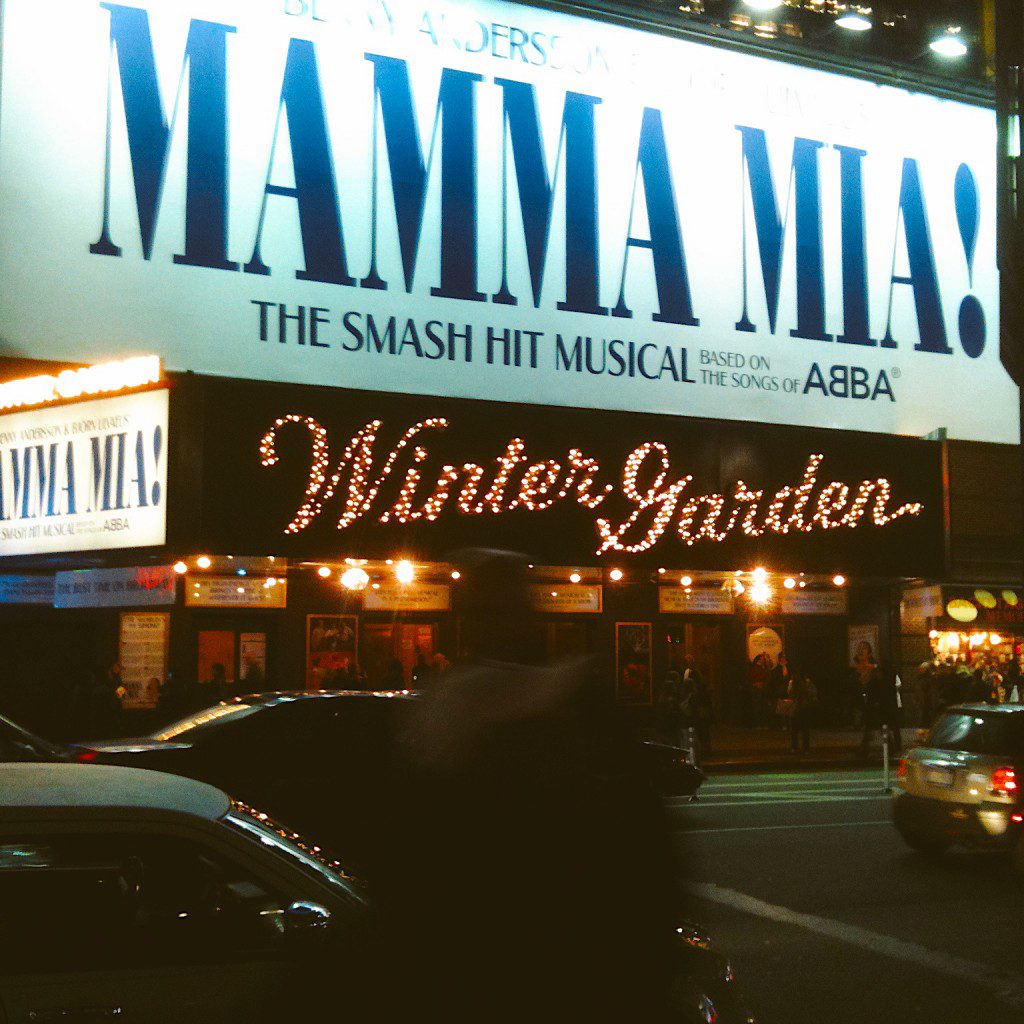 The marquee for the Broadway show Mama Mia in New York City