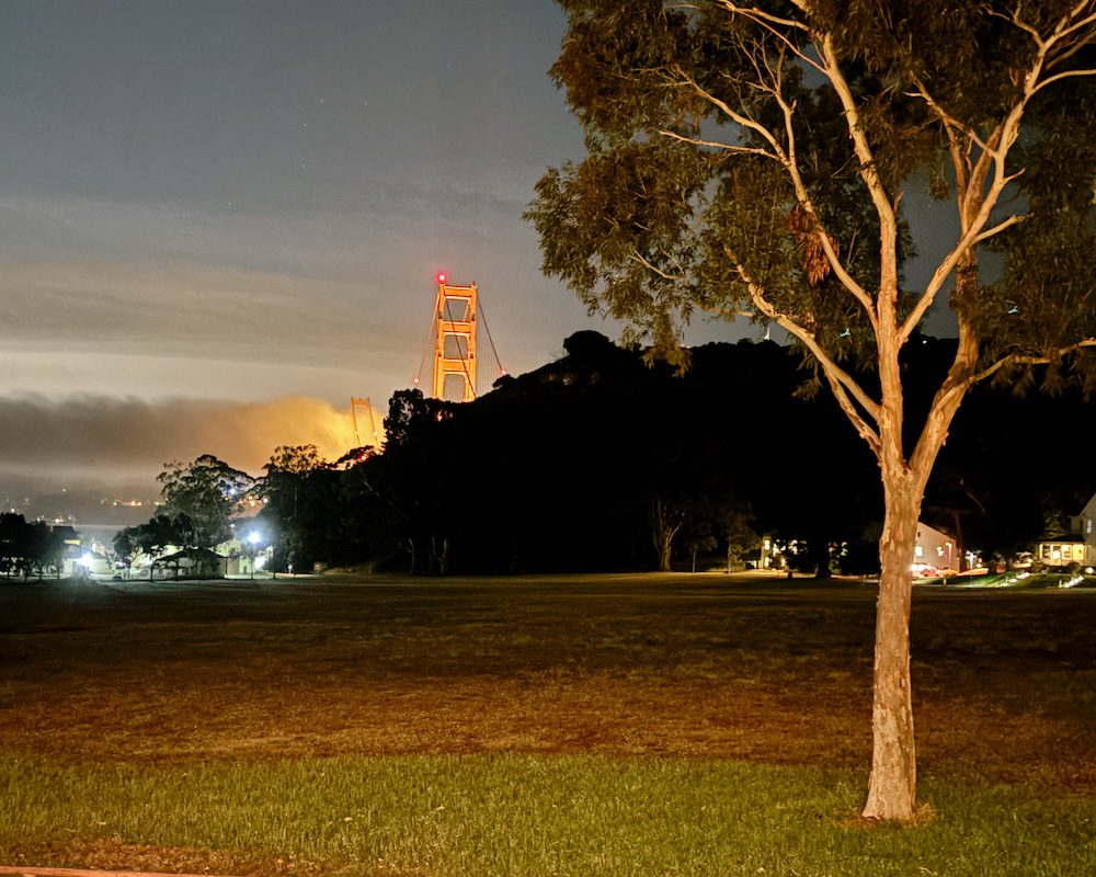 The Golden Gate Bridge at night from Cavallo Point