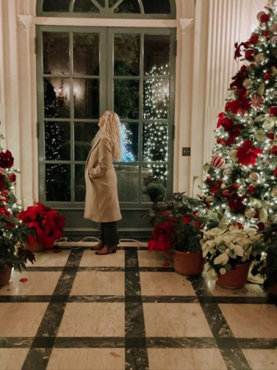 Carrie Green Zinn by a Christmas Tree at Filoli Gardens