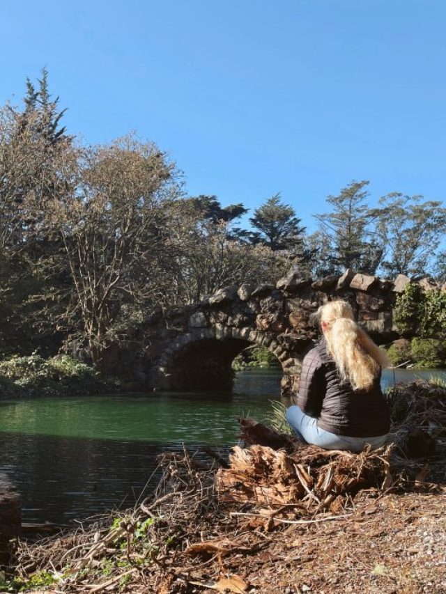 Carrie Green-Zinn sitting by a stone bridge in safe Golden Gate Park