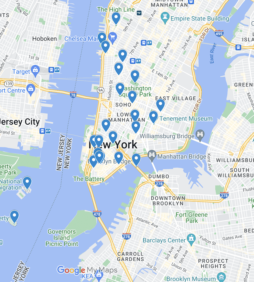 A map of the things to do and places to eat in Lower Manhattan