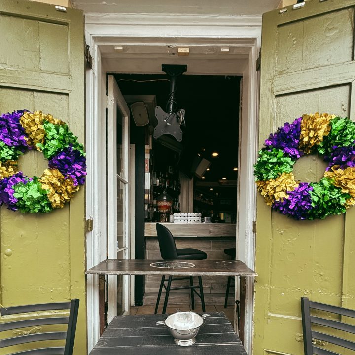 A Mardi Gras decorated pub in New Orleans French Quarter