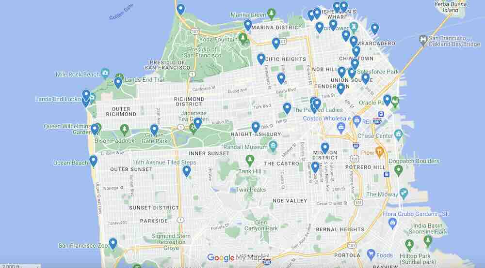 A Google Map with locations for a 3 Day San Francisco Itinerary