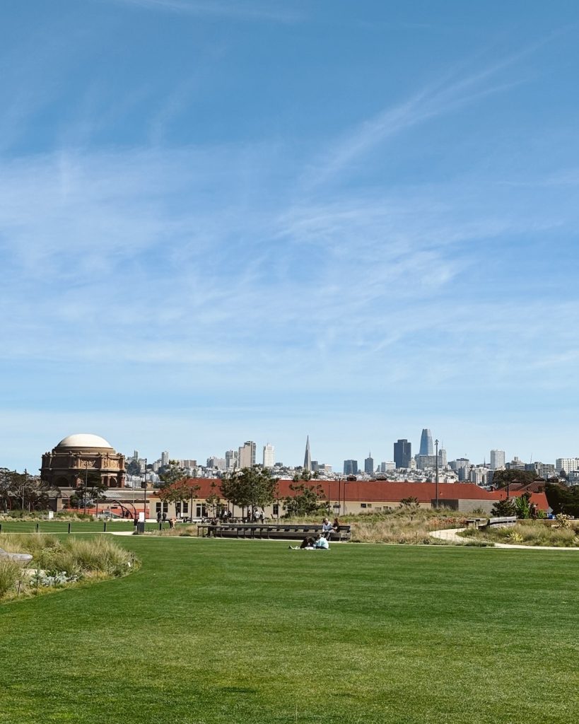A view from the Golden Gate Recreation Area overlooking the Palace of Fine Arts and downtown with some of the safest hotels in San Francisco