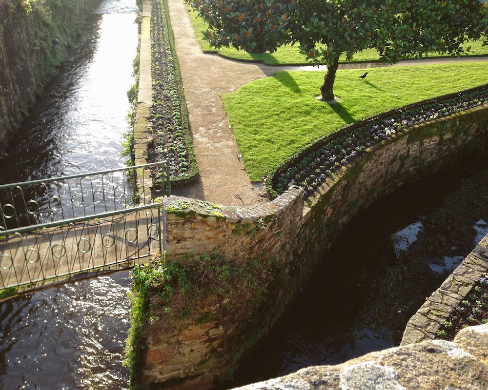 The moat by the medieval walled city in Vannes in the Brittany region of France