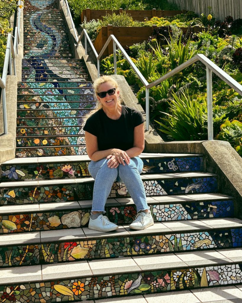 Carrie Green Zinn on the 16th Avenue Tiled Steps, one of the mosaic stairs in San Francisco