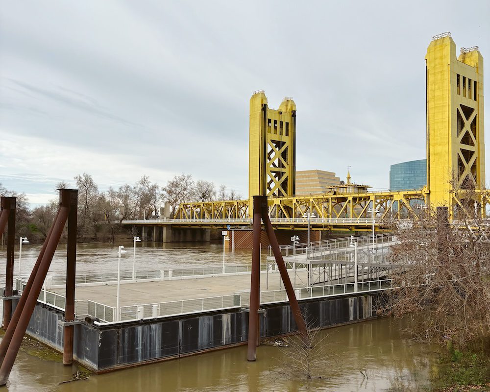 The yellow Tower Bridge in Old Sacramento is worth seeing