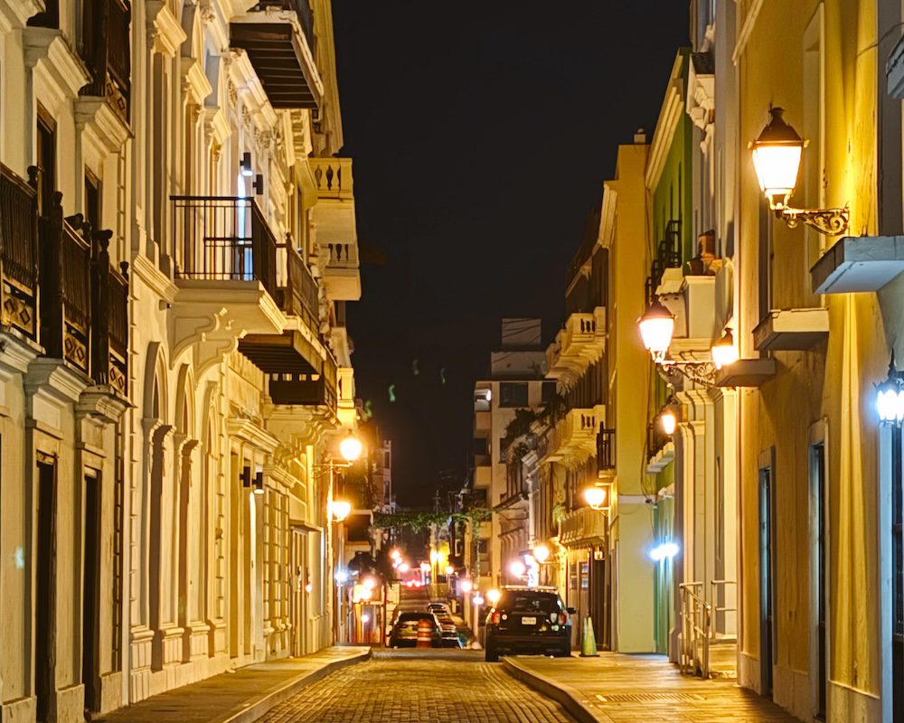 Calle de Cristo at night in Old San Juan