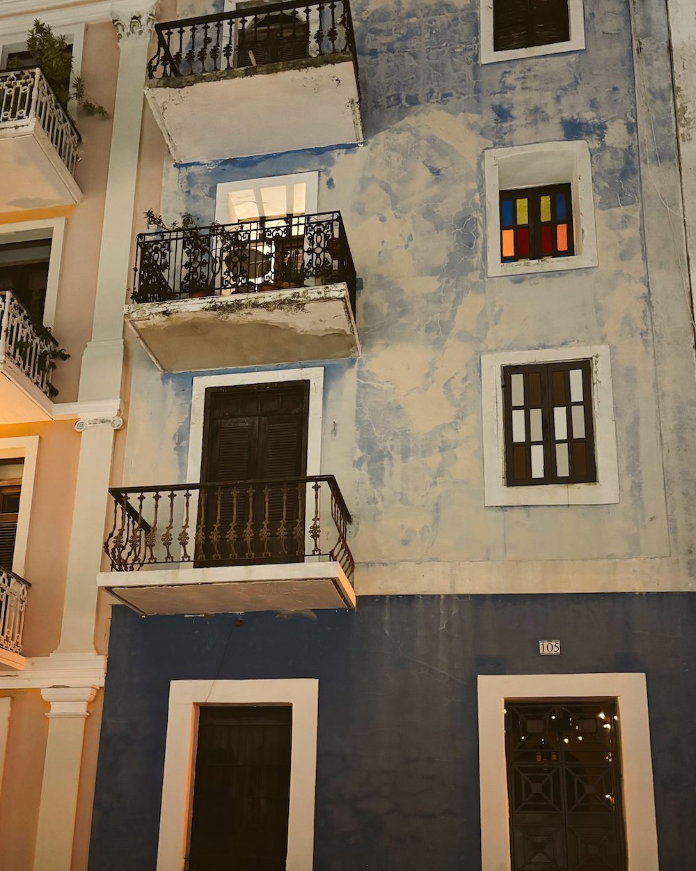 A beautiful blue building with stain glass windows in Old San Juan