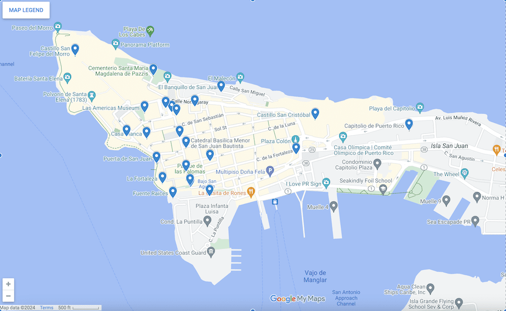A map with the 28 best things to do in Old San Juan.