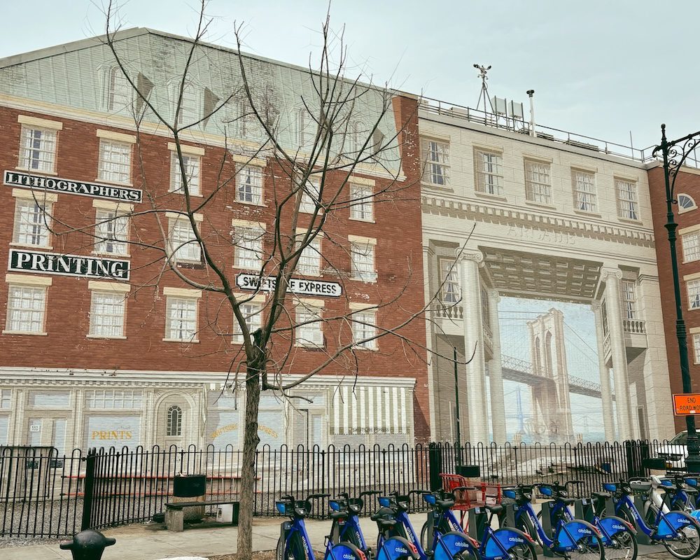 A building mural of the historic neighborhood at South Street Seaport.