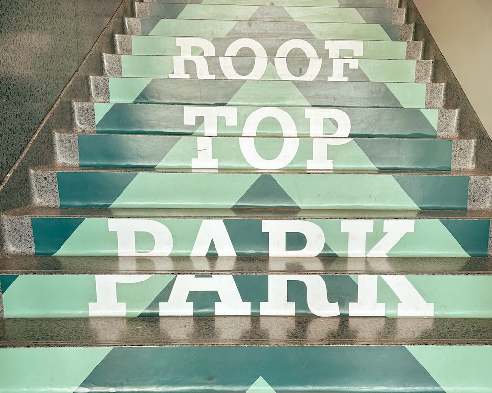 The steps leading to the Roof Top Park at Pier 57 is one of the things to do in Chelsea