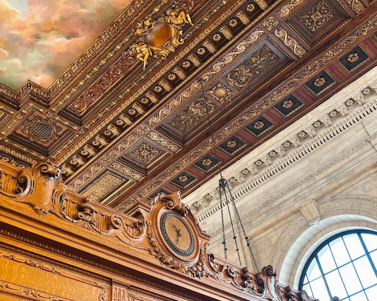 A view of the ceiling in the Rose Room at the New York Public Library which is free to visit