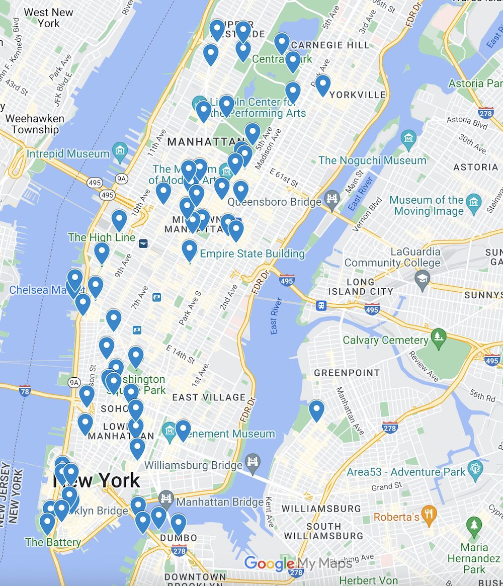 A map of all the sites for a 5 Days in NYC itinerary