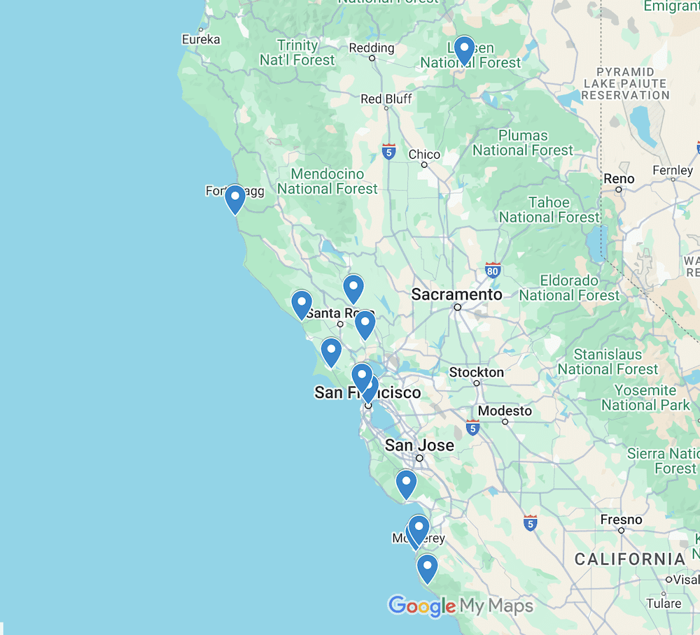 A Google Map of the most romantic getaways  spots in Northern California