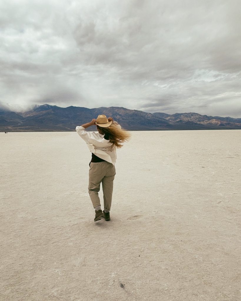 Carrie Green-Zinn  on the salt flats of Bad water Basin in Death Valley National Park