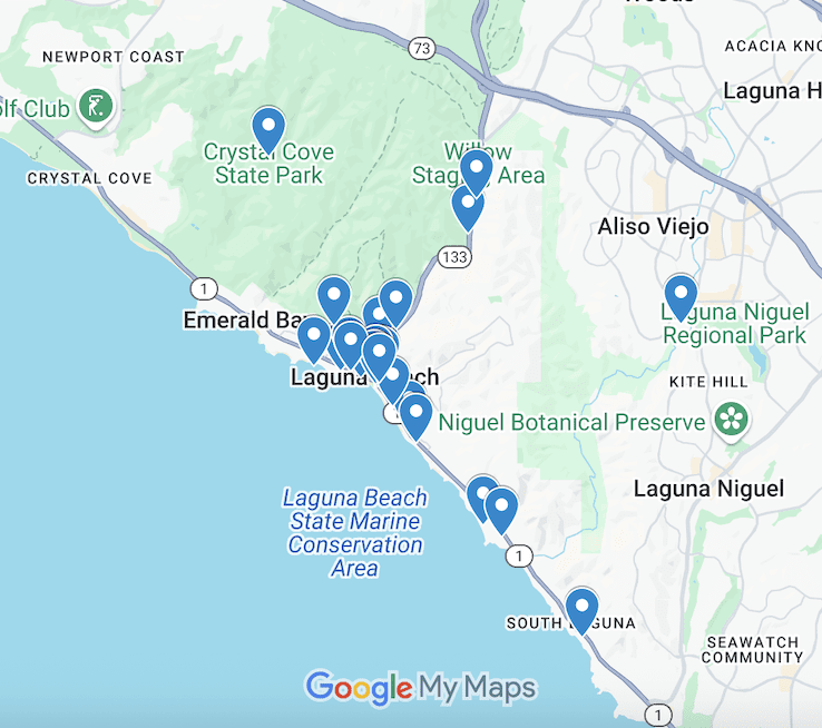 A Google Map of all the recommended places to enjoy during a weekend in Laguna Beach, California