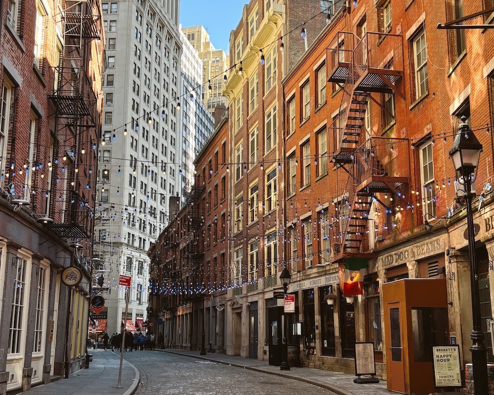 Stone Street in New York City is a historic cobblestone street known for its pubs where George Washington frequented.