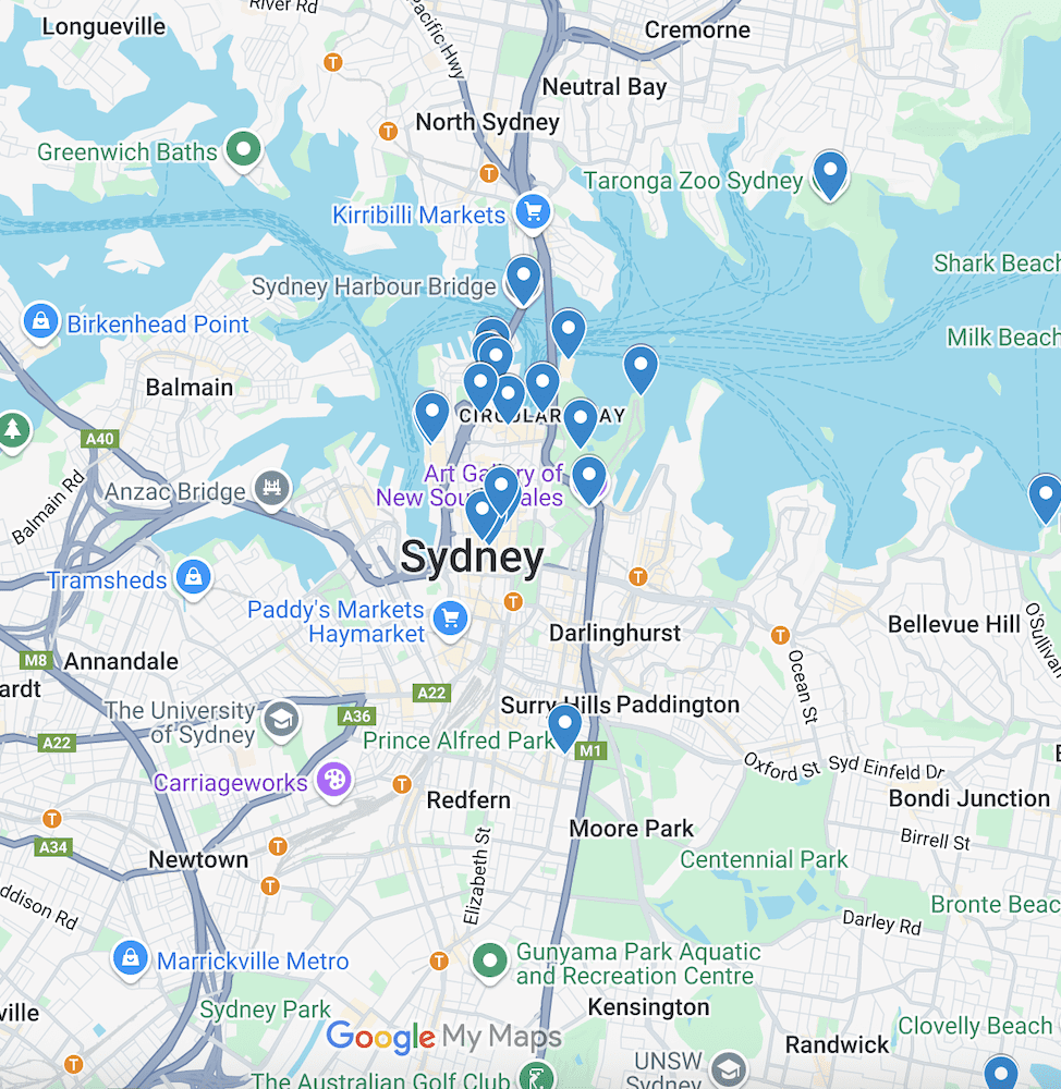 A Google Map of the places to visit on your 3 days in Sydney itinerary