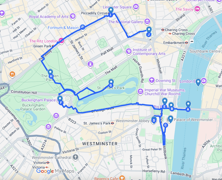 A walking map of London's Westminster district