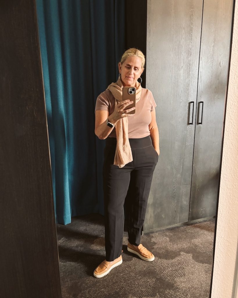 Carrie Green-Zinn wearing Athleta pants and Vionic loafers.