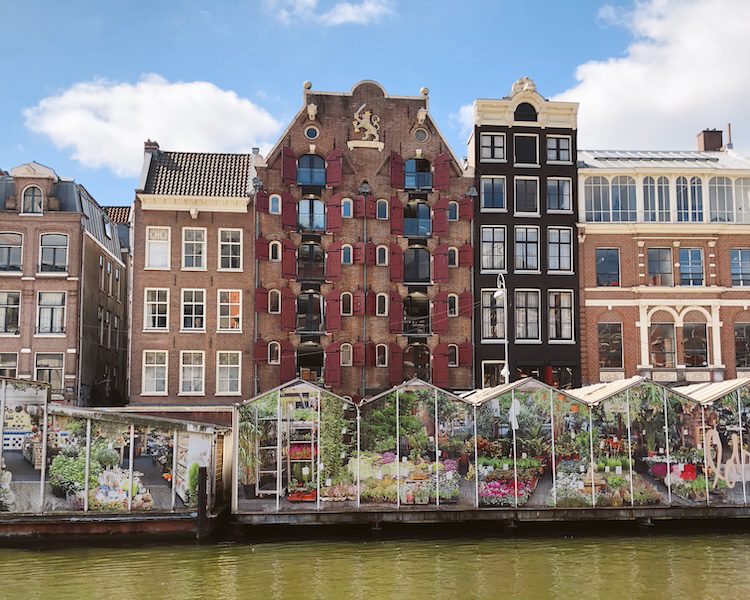 A view of the canal and flower markets in Amsterdam.