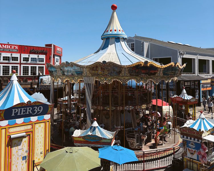 A view of the merry-go-round at Pier 39 in San Francisco