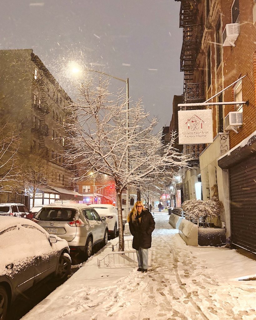 Carrie in the snow in NYC.