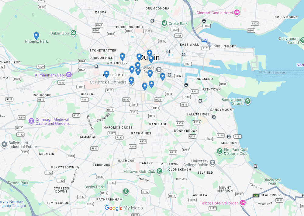 A map of the things to do in Dublin on a 3 day visit.