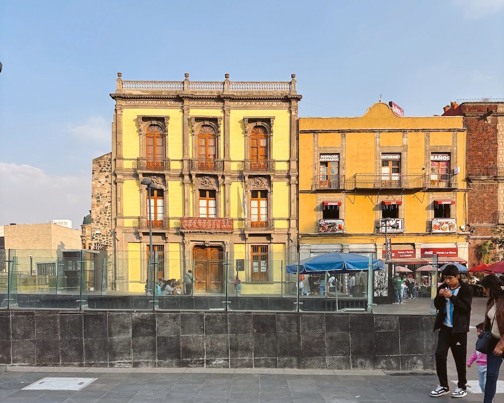 A view of historic and colorful buildings in the center of Mexico City