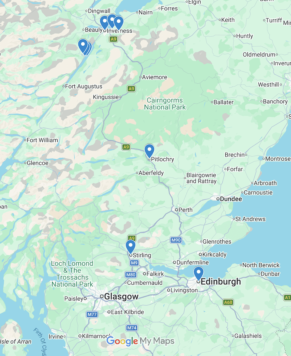 A map of a Scotland Road Trip