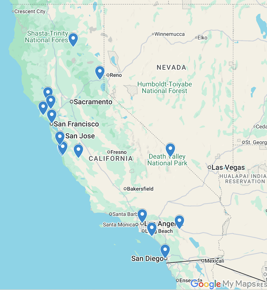 Locations of Mother Daughter Getaways in California