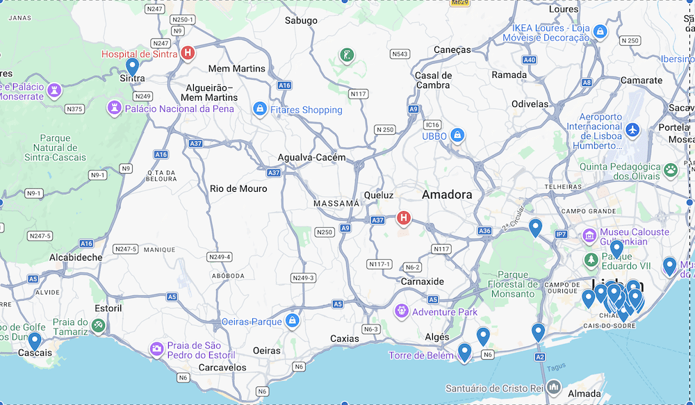 A Google Map of all the places to go on a 3 Day Lisbon Itinerary