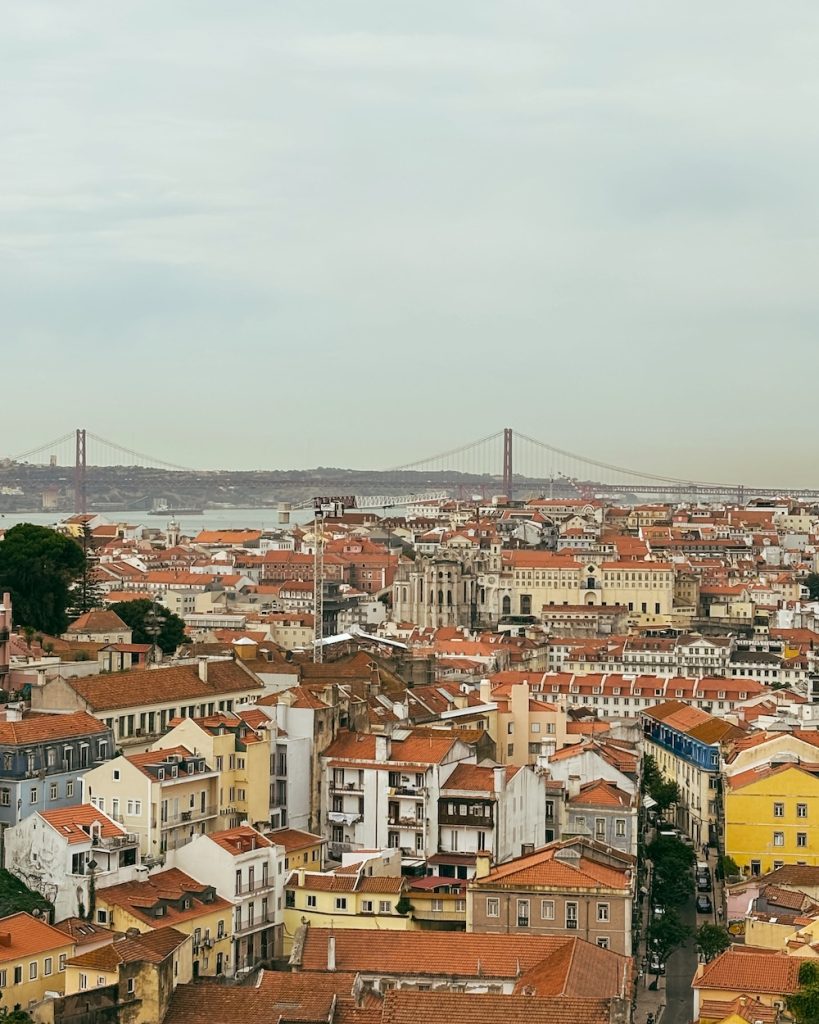 A view of Lisbon and the 25 de Abril Bridge in the background.